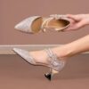Women'S Sparkling Rhinestone-Embellished Pointed-Toe Mid-Heel Shoes - Elegant Summer Dress Shoes with Floral Bow Detail, Black Platform Sole, and Beige Canvas Upper for Weddings, Parties, and Formal Events, Formal Footwear | Floral Embellished Shoes | Rhi - Image 4