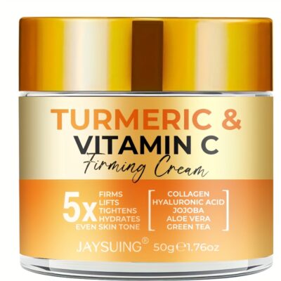 JAYSUING Turmeric & Vitamin C Firming Cream, 50g/1.76oz, Unisex-Adult, Moisturizing with Hyaluronic Acid, Collagen, Jojoba, Aloe Vera, Green Tea, Evens Skin Tone, Non-Greasy, All Skin Types