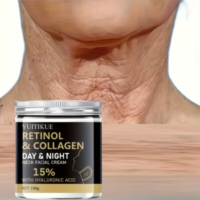 YUITIKUE 100g Retinol & Collagen Day & Night Neck & Facial - 15% Moisturizer with Hyaluronic Acid & Almond Oil, Hypoallergenic, Firming & Brightening for All Light Beige Types, Easy Absorption, Moisturizer for Face, Premium Packaging, Elegant Jar Design,