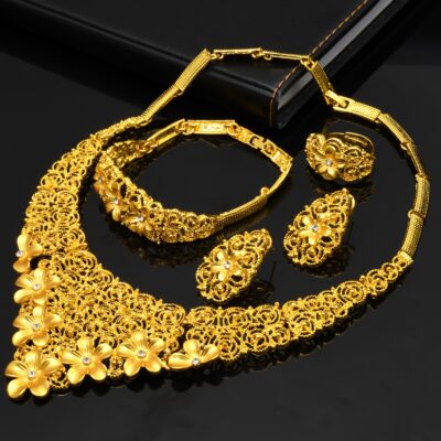 1 Necklace + 1 Bracelet + 1 Pair of Earrings + 1 Ring Luxury Style Bridal Jewelry Set Golden-Plated Floral Hollow Design Perfect for Daily Outfits, Party Accessories, Engagement/Wedding Gift
