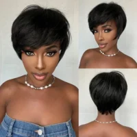 Synthetic Straight Black Wig Short Pixie Cut Wig with Side Bangs for Black Women Afro Cosplay Daily Heat Resistant Fiber Hair